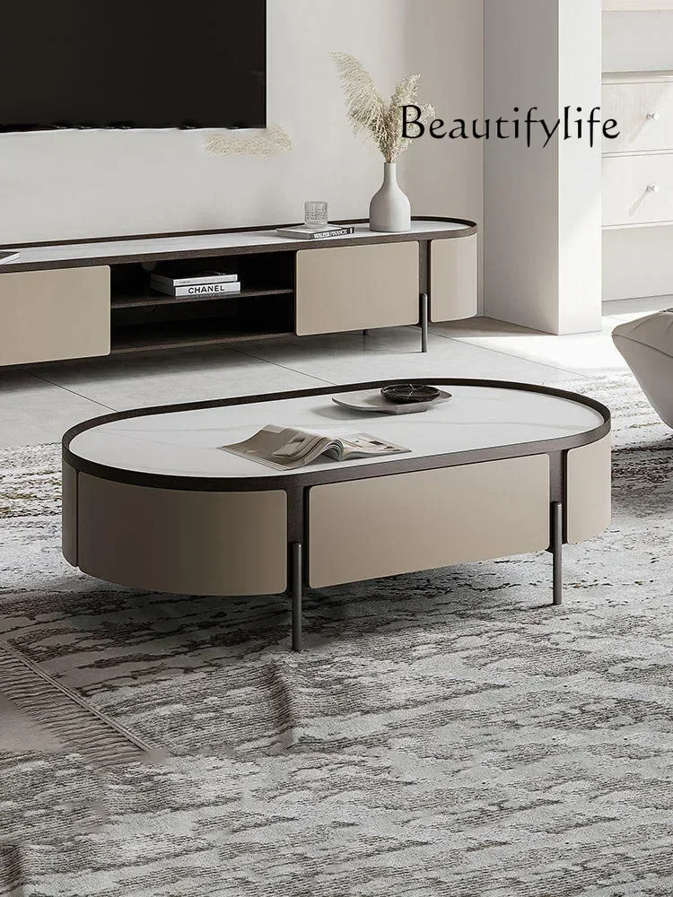 

Italian Light Luxury Stone Plate Coffee Table TV Cabinet Modern Home Creative High Sense Oval Combination