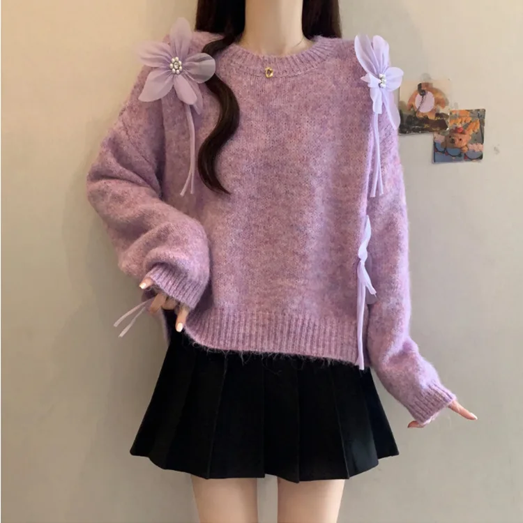 

Harajuku Retro 3D Embroidery Floral Purple Knit Sweater Women O-neck Sweet Cute Warm Bottoming Shirts Winter Jumpers Knitwear