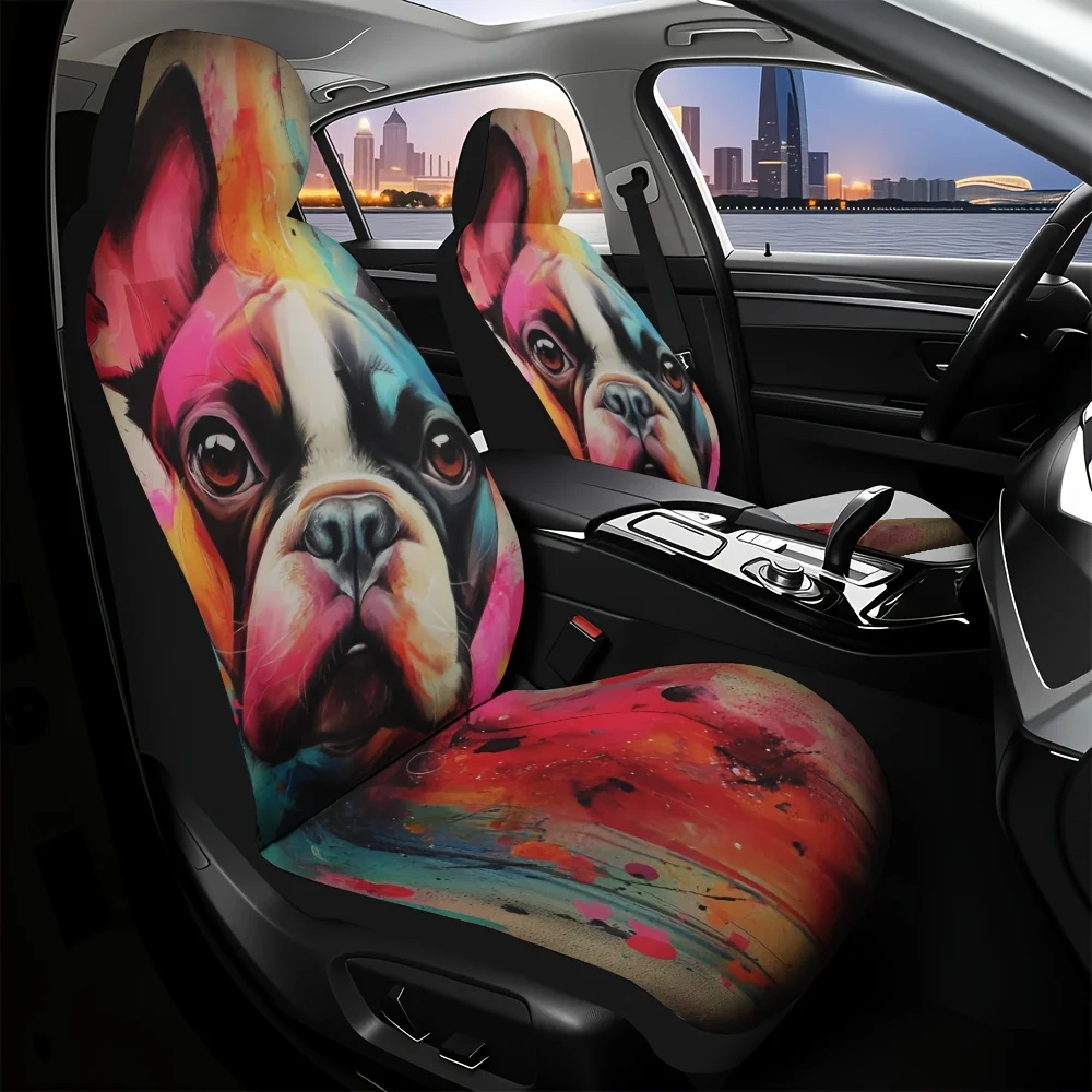 2pcs French Bulldog Print Front Seat Covers - Soft, Foldable, Universal Fit For Driver & Passenger Seats, Machine Washable, Poly