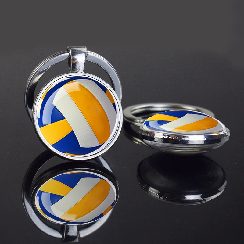 Creative Football Pendant Keychain Double Side Sports Ball Basketball Tennis Golf Volleyball Glass Cabochon Gem Keyrings Pendant