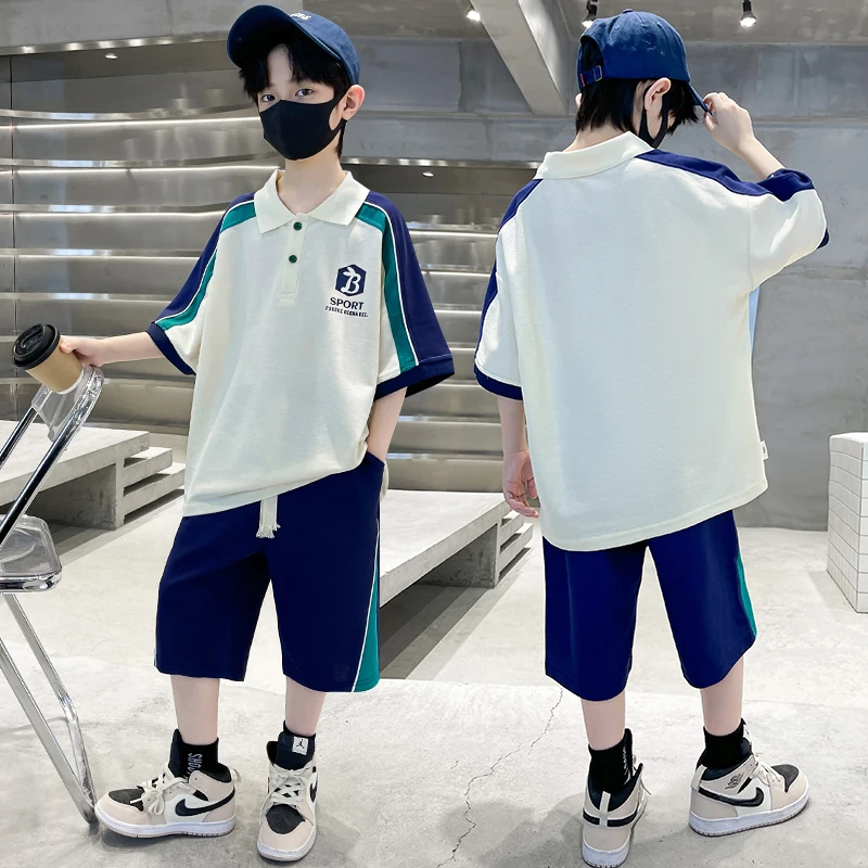 

Elegant Boy Summer Polo Shirts Set with Shorts 2 Piece Top and Bottom Clothes Set Kids Tracksuit Child Patchwork Clothing Suit