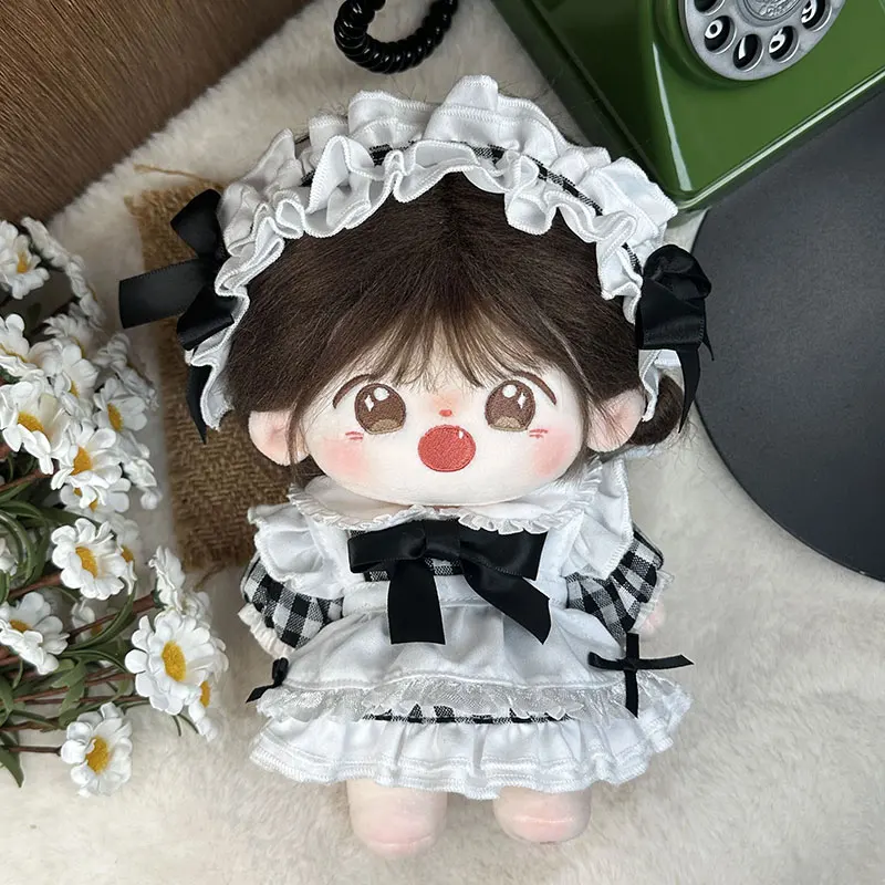 

20cm Plush Toy Doll Clothes Fashion Sweet Cute Hair Band Black White Lattice Bow Dress Maid Set Plush Doll Accessories
