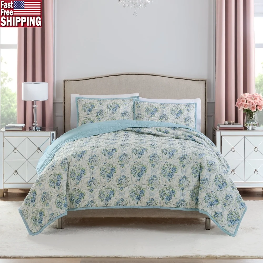 

Lightweight Reversible Blue Floral Quilt Set Full Queen 3-Piece Bedding Soft Polyester Cozy All-Season Machine Washable Shams