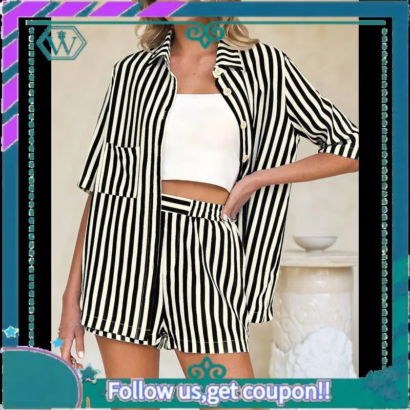 

A09P Two Piece Outfits For Women 2025 Striped Shirt & Shorts Set