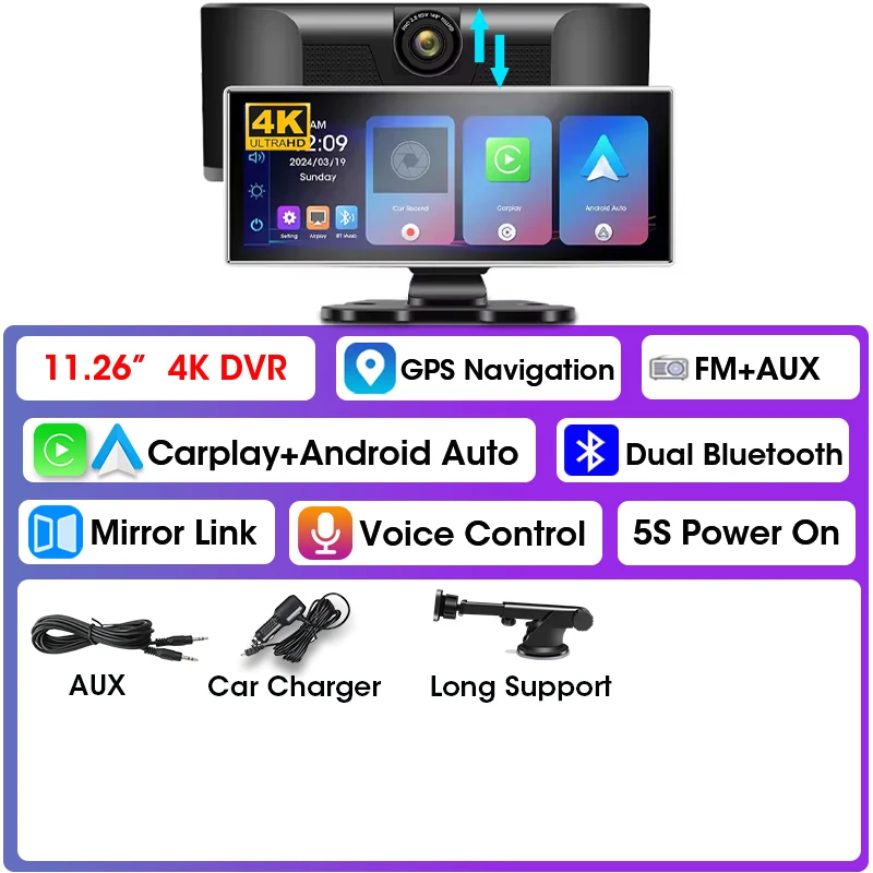 Srnubi 11,26 inch 4K Dash Cam Draadloze CarPlay & Android Auto Draagbare auto DVR Intelligente systemen Videorecorder GPS-navigatie