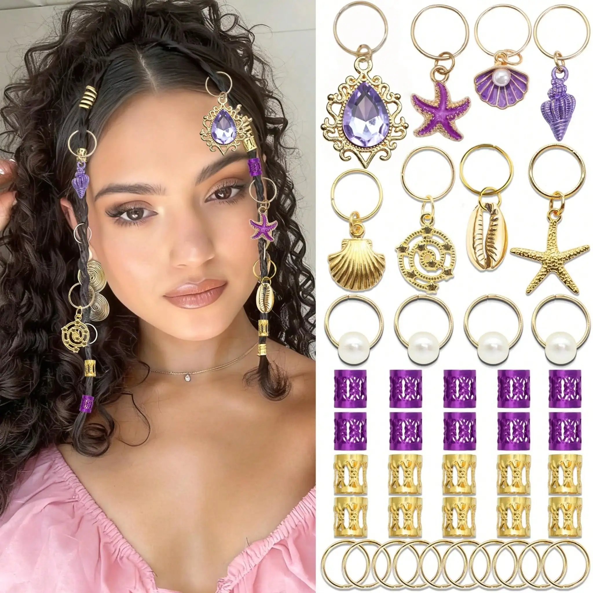 Set de 42 Piezas de Anillos para el Cabello con Forma de Estrella de Mar y Conchas, Tema Náutico, Adornos para el Cabello, Set de Brazaletes para el Cabello para Vacaciones en la Playa