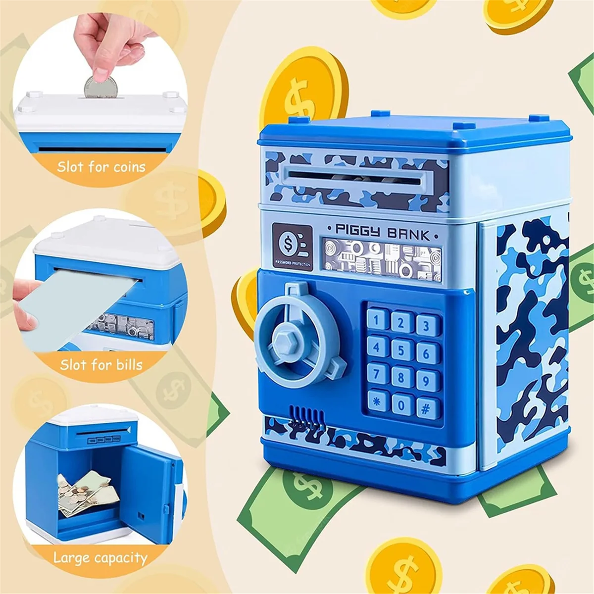 ATM Piggy Bank for Boys Girls, ATM Coin Bank Money Saving Box with Password, for Adults with Auto Grab Bill Slot Green