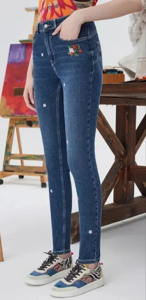 Foreign trade original single Spanish new embroidery flower slim stretch women's jeans