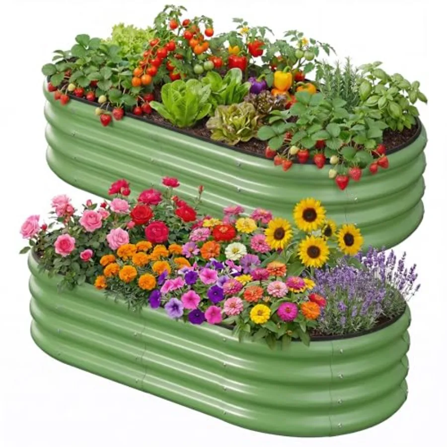 

2PCS 4x2x1 Feet Oval Metal Raised Garden Bed Kit, Elevated Garden Planter Box Outdoor, Trough Planter for Outdoor Plants, Flowe