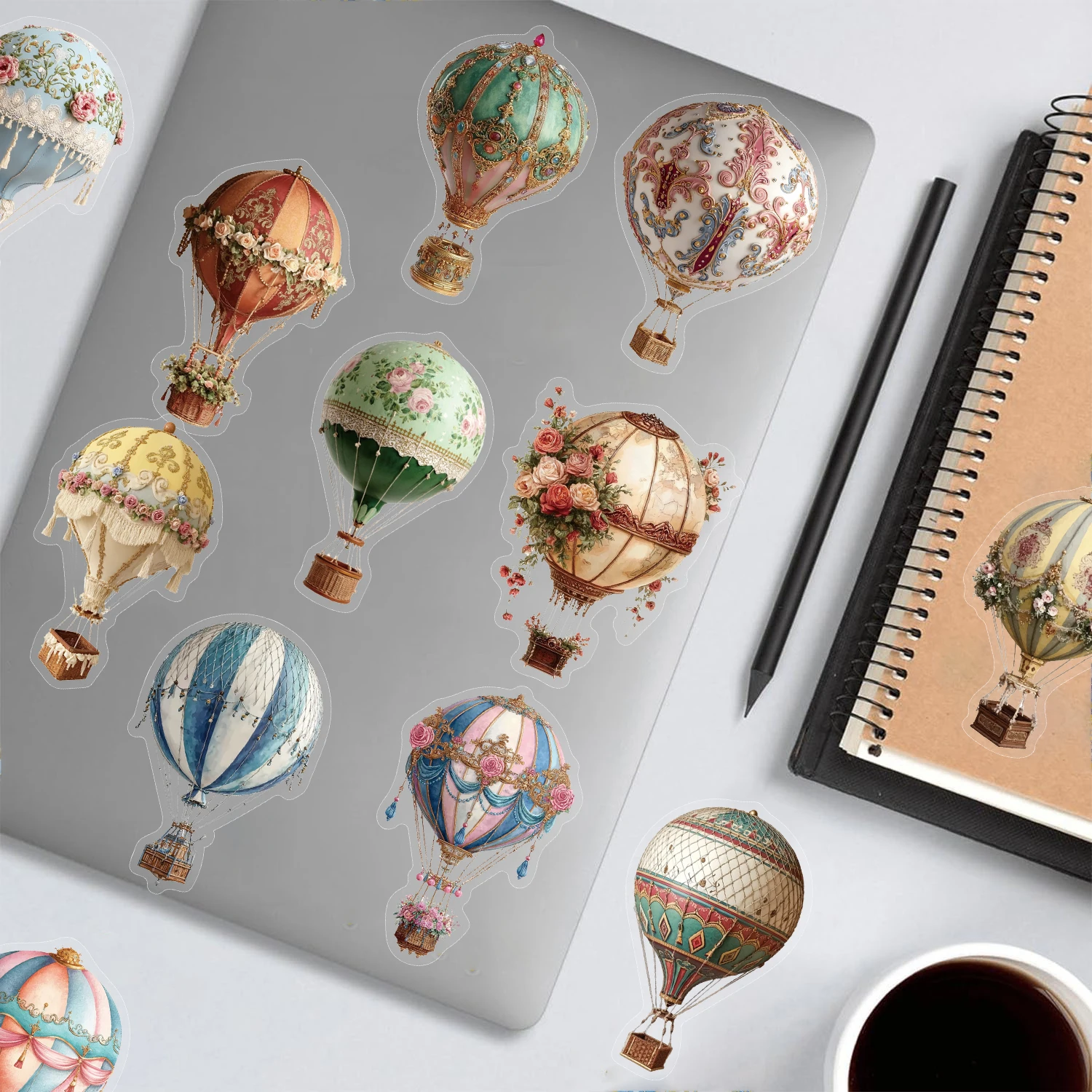 50PCS Vintage Hot Air Balloon Sticker Notebook Streetwear Creative Supplies Waterproof Guitar Phone PET Style Kawaii Stickers