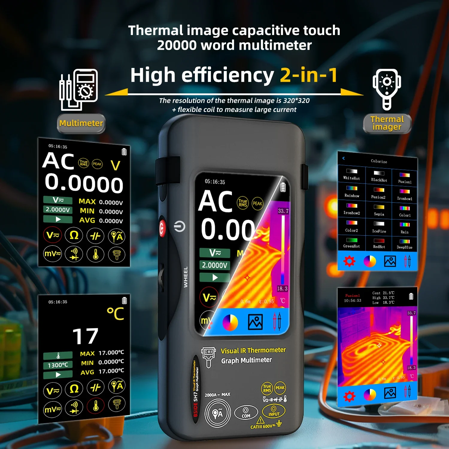 BSIDE SH7 320*320 Thermal Imager Camera 20000 Counts Touchscreen Digital Multimeter 2 in 1 IR Camera for Macro Lens Repair PCB