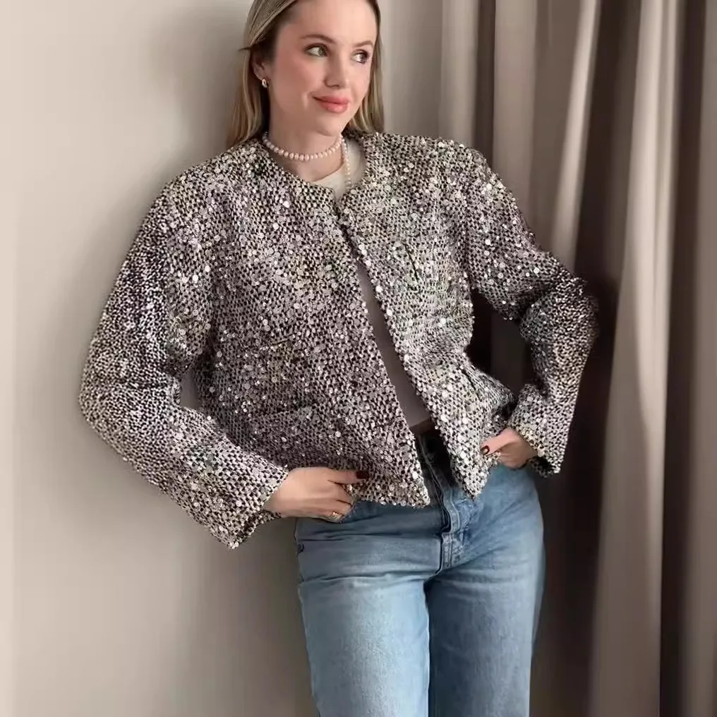 Chique glanzende lovertjesblazer voor dames herfst winter vest met lange mouwen top mode streetwear jas party club blazer jas