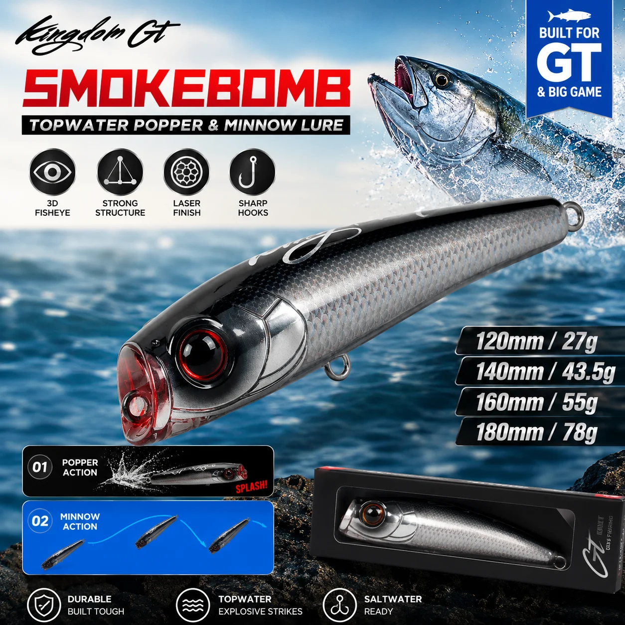 Kingdom Topwater Popper Angelköder 27g 43,5g 55g 78g Salzwasser-Kunstköder Harte Wobbler für Thunfisch GT Angelköder