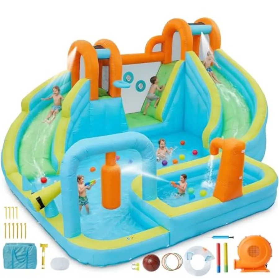 

Inflatable Bounce House for Backyard Party Family Gatherings, PVC, Blue and Red, 10-in-1 with Slide and 550W Blower
