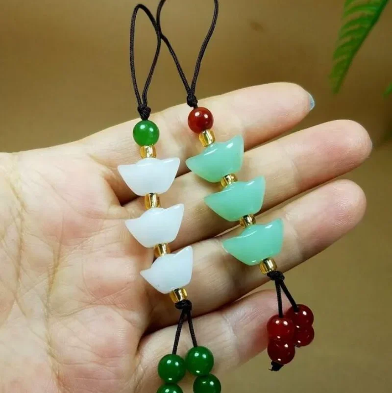 Customization Chinese Green Jade Yuanbao DIY Phone Chain Key Ring Jewellery Fashion Accessories Hand-Carved Man Woman Amulet