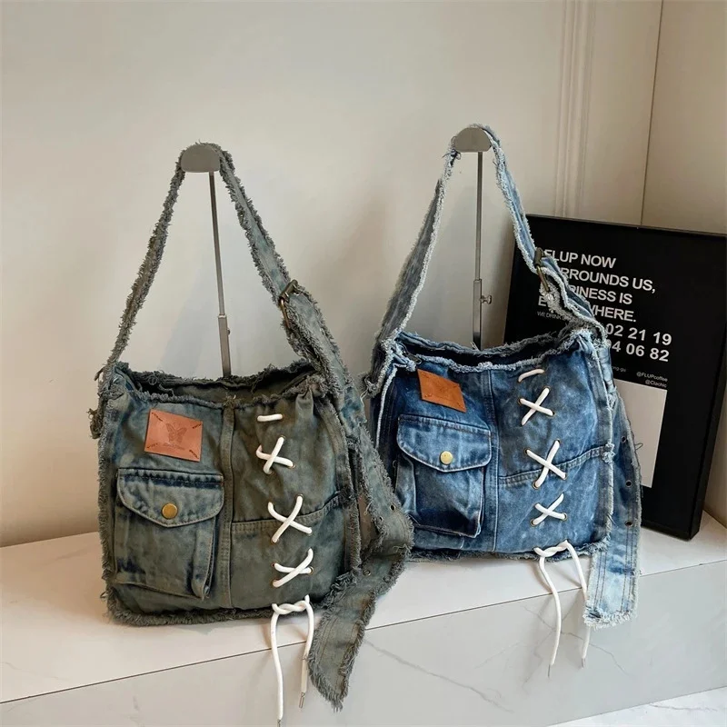 

Washed Denim Shoulder Bag for Women Large Capacity Soft Jeans Messenger Tote Handbag for Shopping and Travel