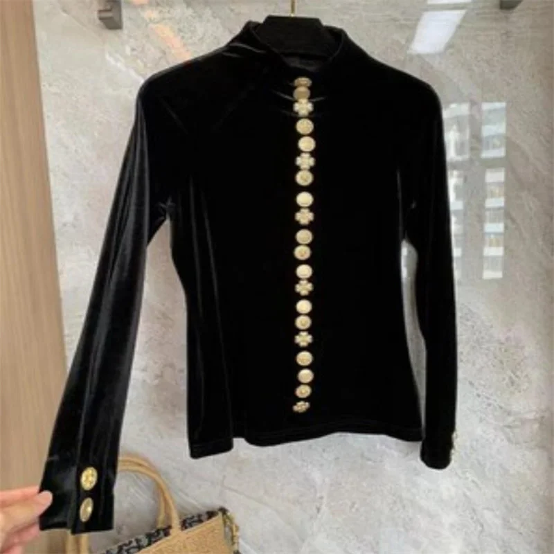 Black velvet long-sleeved top women\'s stretch velvet beaded metal button turtleneck bottoming shirt