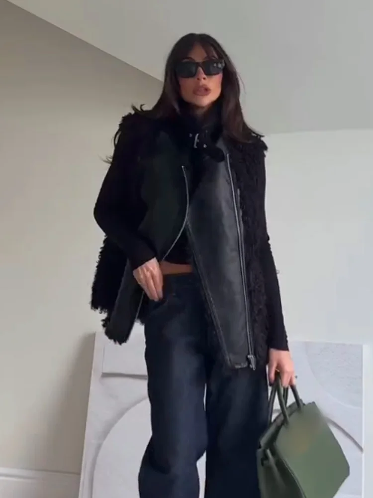 

HH Women Fashion Casual Slim Vest Coat Lapel Sleeveless Splicing Decoration Zipper Female Chic Loose Warm Short Street Vest Top