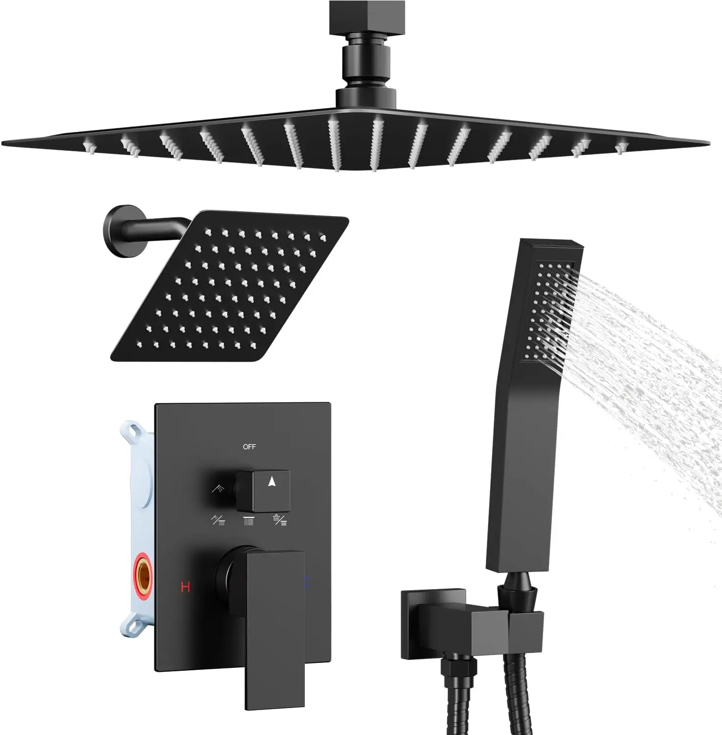 

Matte Black Shower Faucet Set with Dual Rain Heads and Handheld Spray for Two-Person Use