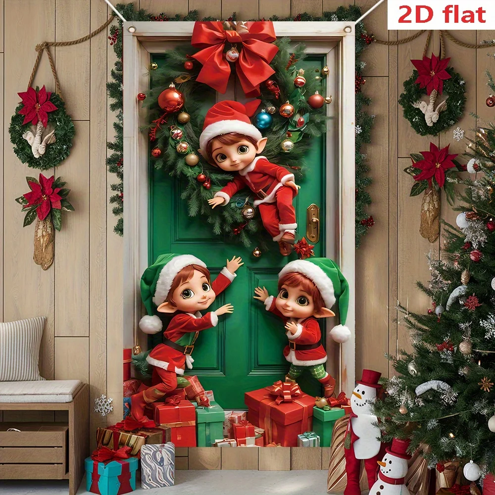 2D flaches 1-Weihnachtselfen-Türbanner aus Polyester – grüner Türvorhang mit Elfen und Geschenken, Türvorhang für die Dekoration des Urlaubs