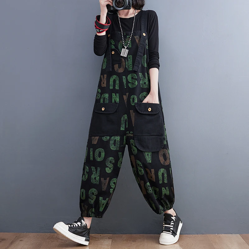 #1465 Black Letters Printed Denim Jumpsuits Women Ankle-length Loose Vintage Streetwear Rompers Womens Denim Overalls Pockets