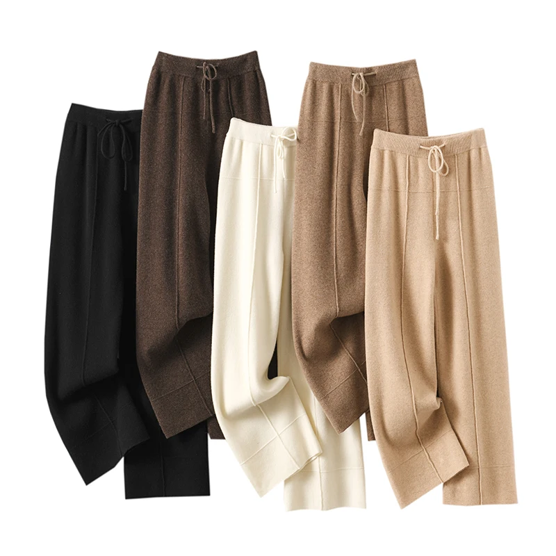 

Autumn Winter Women Cashmere Wide Leg Pants Warm Smart Casual Elasticity Waist Trousers 100% Merino Wool Knitwear Basic Pants