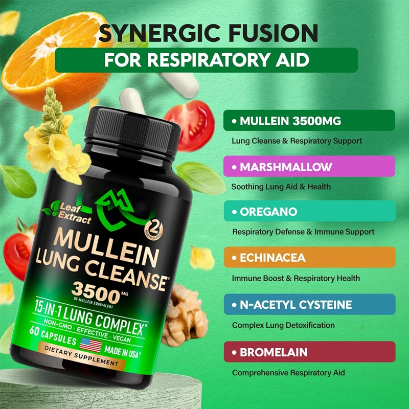 Mullein leaf extract for lung detoxification Echinochloa purpurea, Niuzhi Quercetin, NAC 15 in 1 60 capsules vegetarian capsules