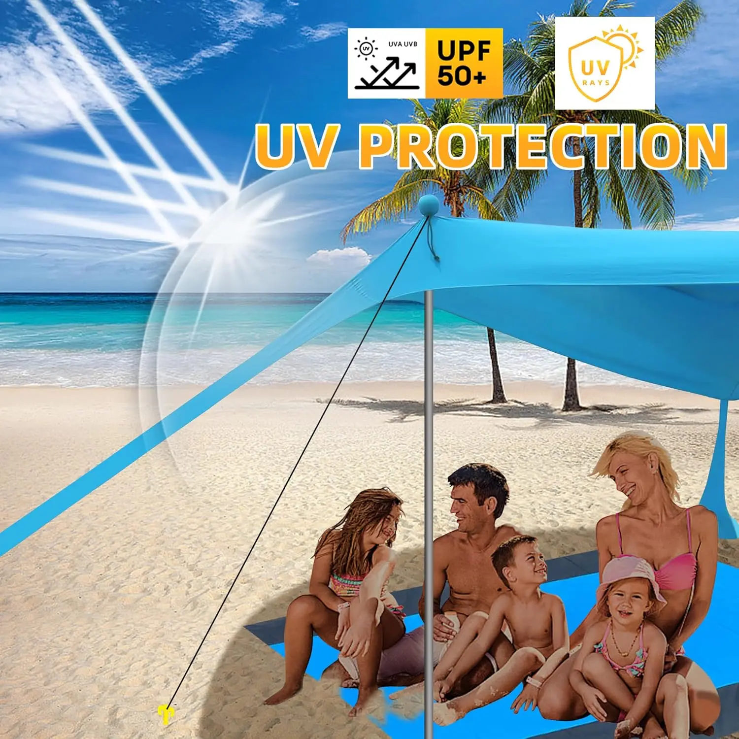 Family Beach Tent Canopy Sun Shade, Pop Up Grande Beach Tent Sun Shelter Stability 4 Poles with Portable Carry Bag Outdo