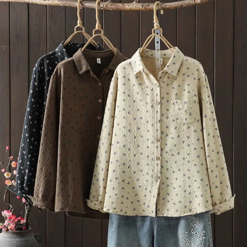 

Japanese Vintage Mori Girl Cartoon Floral Printed Shirts Women Autumn New Turn Down Collar Long Sleeve Casual Loose Blouse Tops