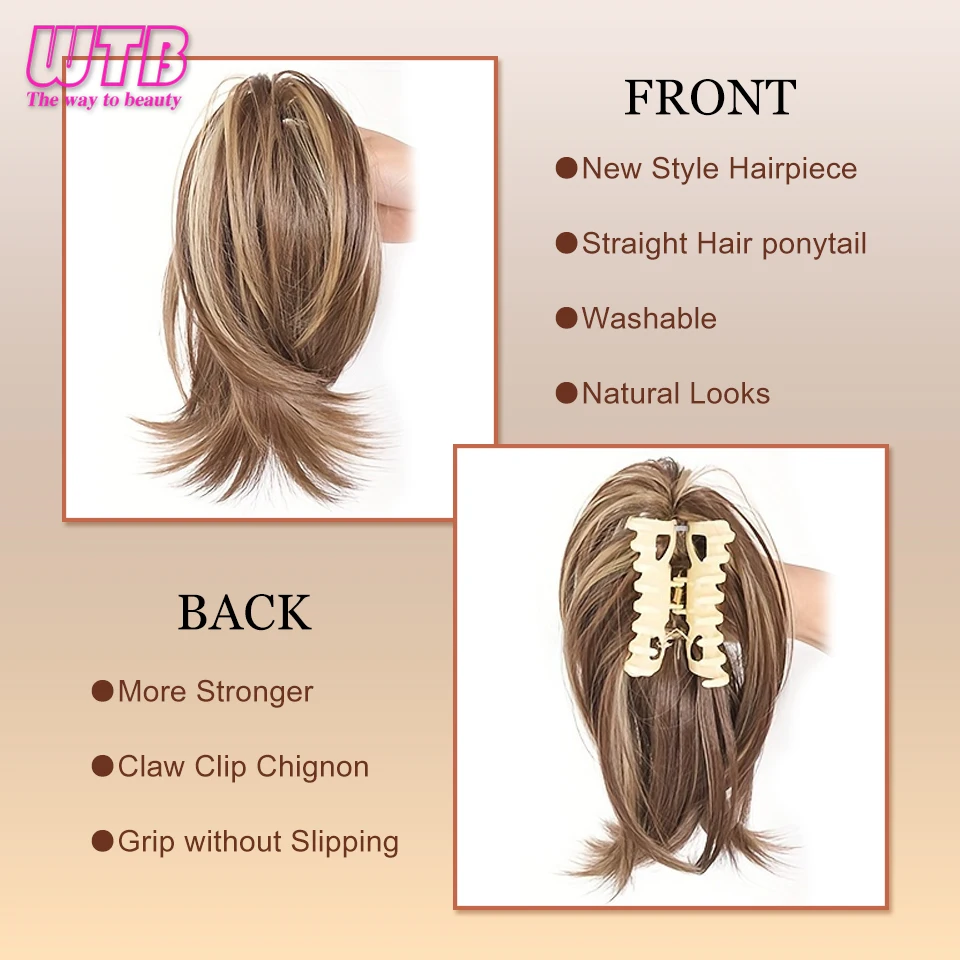 Synthetic Claw Clip in Straight Hair Bun 9 Inch Short Ponytail Extension Short Straight Wigs for Women Fake Heat-resistant hair