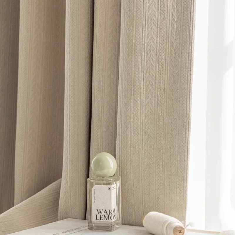 

Custom Size Milk Tea Embossed Jacquard Curtains for Living Room Bedroom Chenille Thickened Window Curtains White Tulles