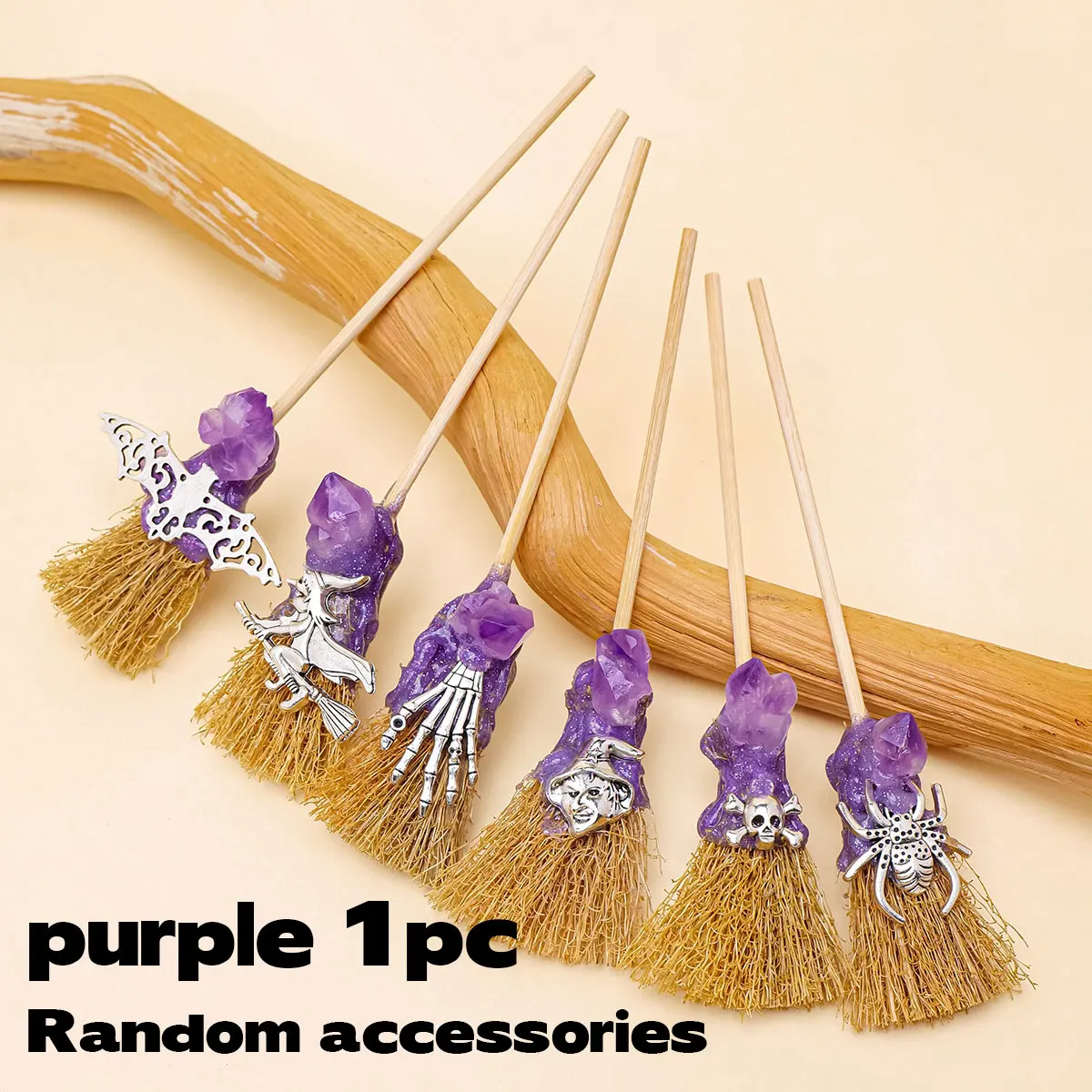 1PC natürliche Kristall Amethyst Kristall Zahn Blume Edelstein magische Mini Besen Quarz Hexe Besen Reiki Edelstein für Reinigung Heilung – Detail 6