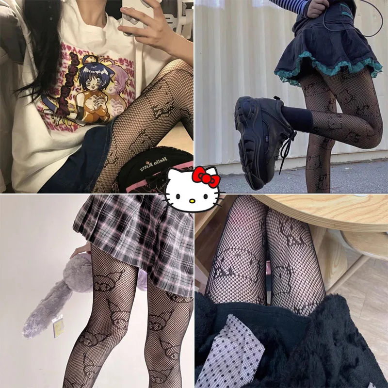 Sanrio Hello Kitty Pantyhose Black Silk Fishnet Socks Sexy Thin Summer Black White Stockings Women Bottoming Socks Lolita Nylon