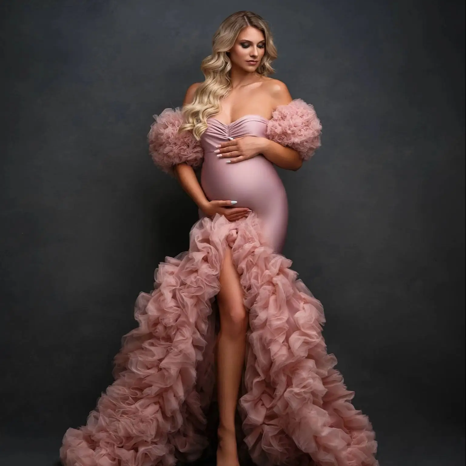 Dusty Pink Mermaid Maternity Dresses for Photoshoot Off Shoulder Ruffles Pregnant Women Robes Customized Sleeves Evening Gowns