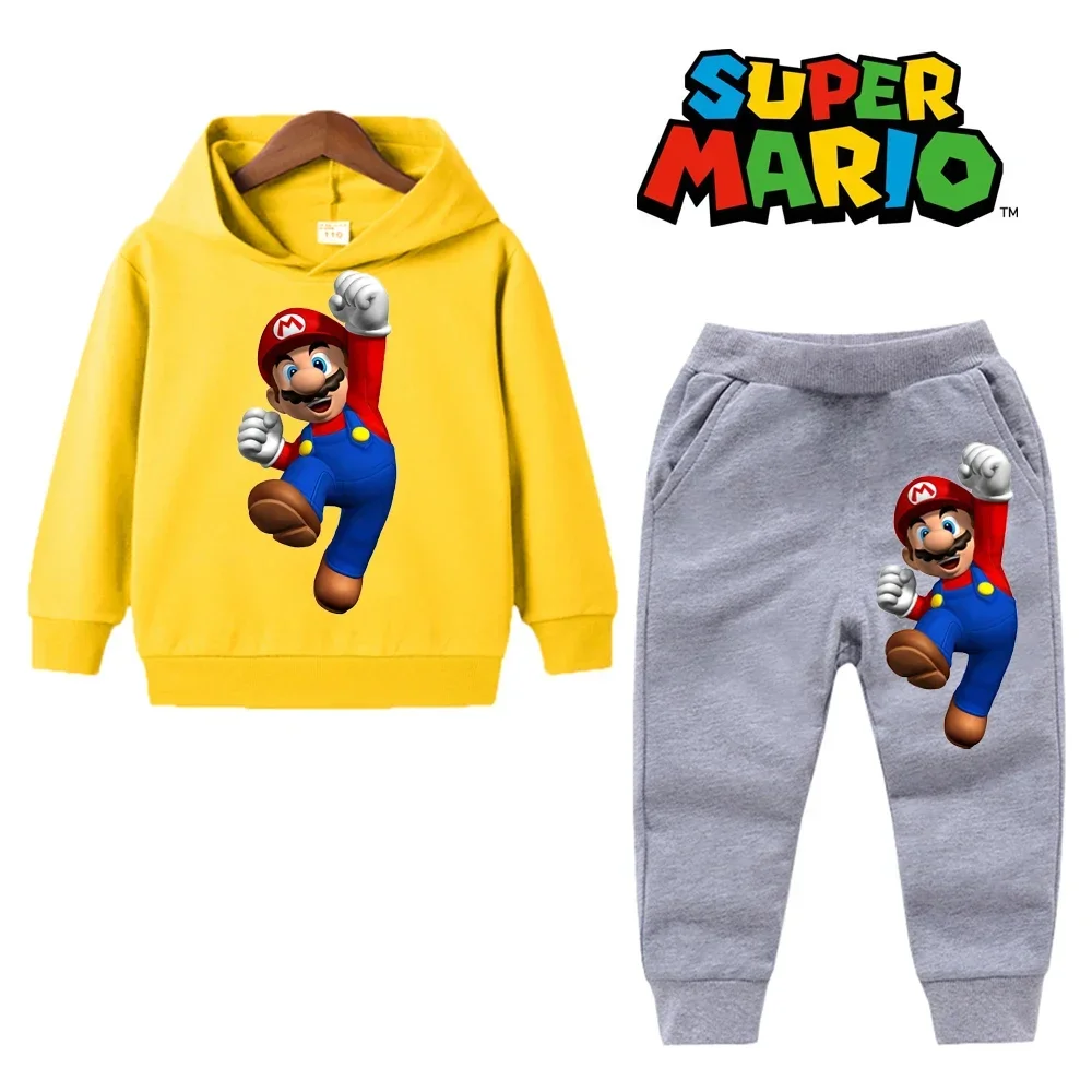 uper Mario Bros Boy Girl Hoodie Suit Spring Autumn Kids Hooded Sportswear Setspants Boys Pokemon Clothes 2-14 Years Children\'s