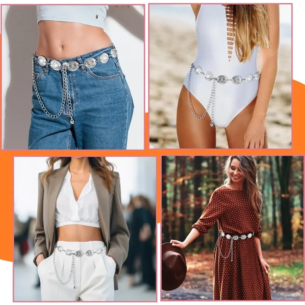 Western Metal Concho Belt Hollow Out Daisy Chain Belt Adjustable Boho Waist Chain Country Concert Outfit for Dress image 5