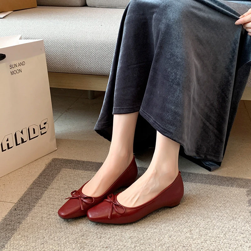 

Womens Lucky Red French Bow Low Heel Slip On Pumps Chinese Zodiac Shallow Mouth Wide Fit Casual Dress Shoes Comfortable Casual