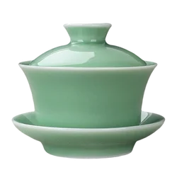 Chinese Celadon Gai Wan Tea Set, Jingdezhen Gaiwan, Jingde Town Ceramic Tea Cup with Lid and Saucer, Lotus Hand Drawing