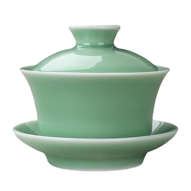 Chinese Celadon Gai Wan Tea Set, Jingdezhen Gaiwan, Jingde Town Ceramic Tea Cup with Lid and Saucer, Lotus Hand Drawing