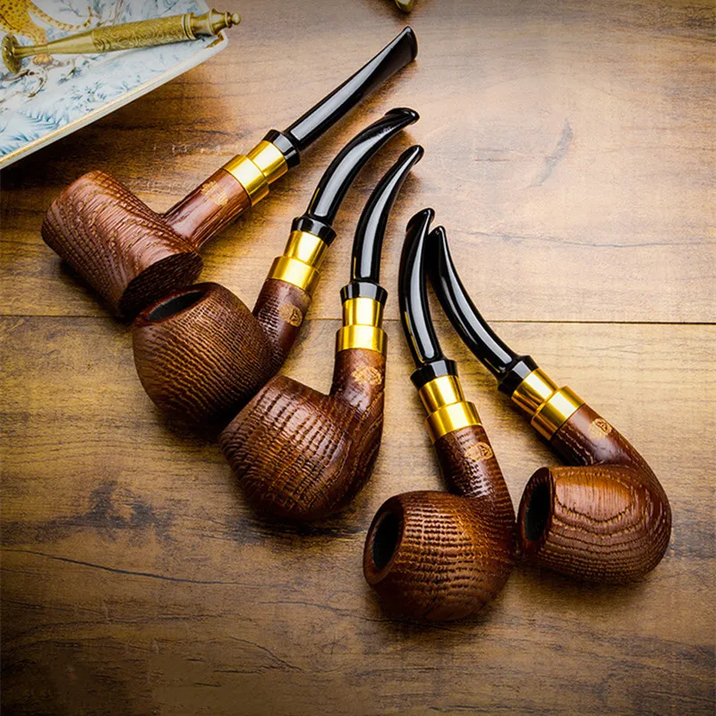 

Oak Wood Sandblasted Pipe with Gold/Silver Band 9mm Filter Straight Bent Tobacco Smoking Pipe