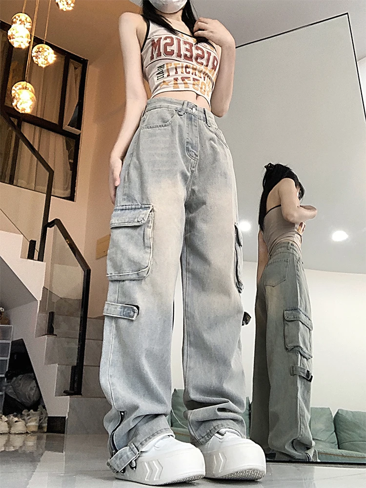 Damskie niebieskie dżinsy Cargo Harajuku 90s Streetwear Denim Trousers Y2k Jean Pants Vintage Japanese 2000s Style Trashy Clothes 2024