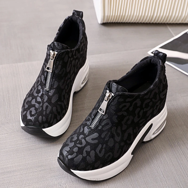 Hidden Heel Casual Platform Shoes Woman Sneakers Suede Slip on Shoes Women Height Increasing Flock Leopard Print Wedges Shoes