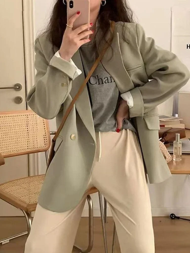 

Зеленый двубортный женский пиджак 202, весна-осень, свободный корейский повседневный утягивающий элегантный модный вирусный интернет-топ