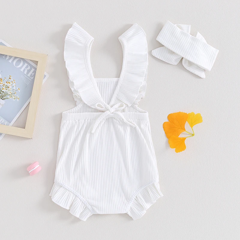 Summer Newborn Baby Girl Bodysuit Solid Color Ribbed Casual Romper Flying Sleeve Ruffle Lace Jumpsuits with Headband Outfit