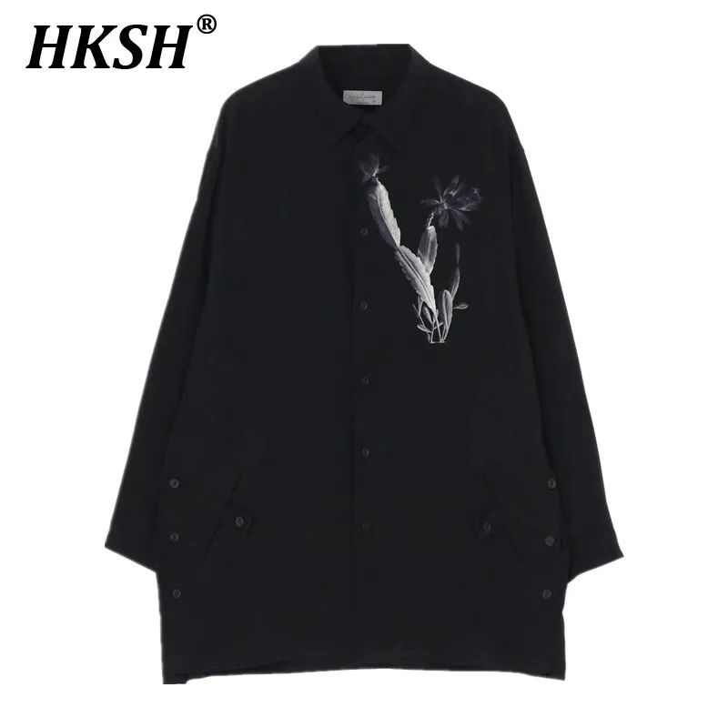 

HKSH 2025 Spring Summer New Men's Tide Dark Shirt Plant Flower Print Niche Design Casual Shirts Thin Fashion Chic Ins Top HK4869