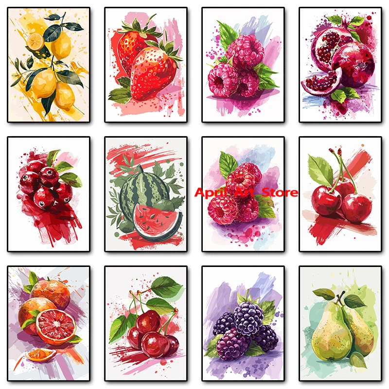 Watercolor Fresh Fruit Strawberry Pomegranate Raspberries Poster Print Canvas Painting Wall Art Picture for Kitchen Home Decor