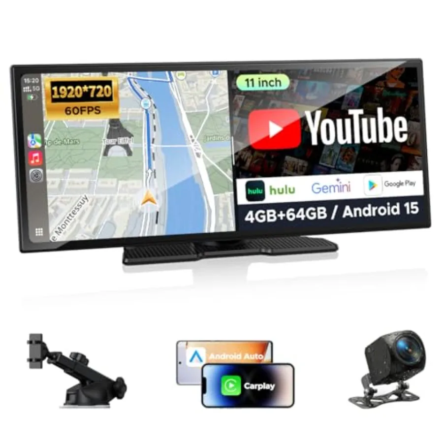 

11 AI CarPlay Screen with Full Google-Play Access: Download Apps for Streaming Gemini More 8-Core Processor Built-in GPS 1920x7