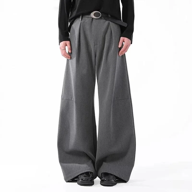 Korean Style Men's Suit Pants Pleated Design Solid Color Drape Casual Curved Knife Trousers Wide Leg Male Bottom 9WCLYT