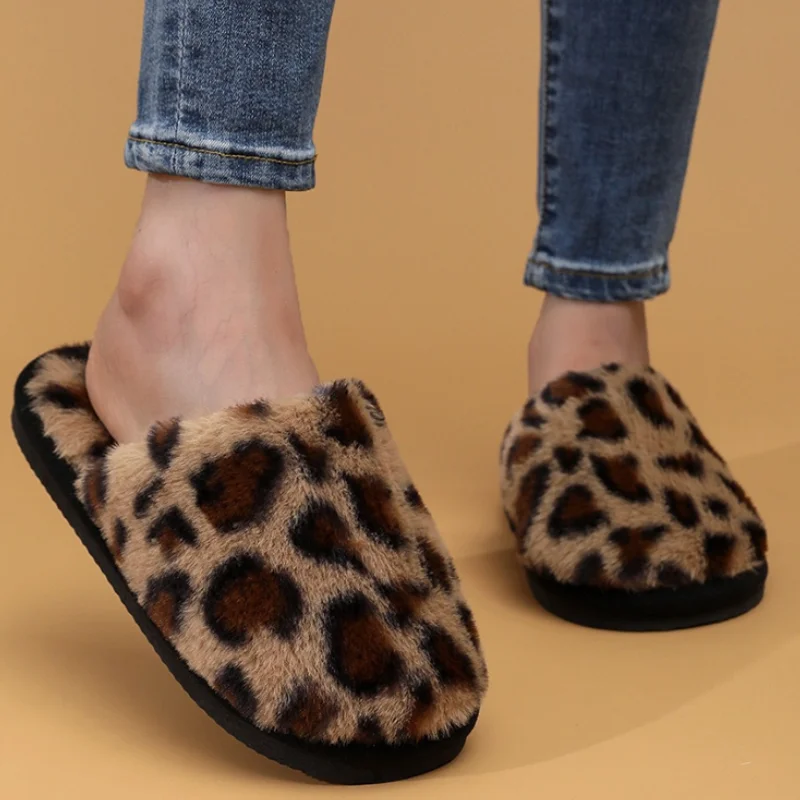 Sexy Leopard Print Fluffy Furry Home Slippers Winter Thicken Warm Long Plush Closed Toe Shoes Woman Anti Slip Bedroom Slippers