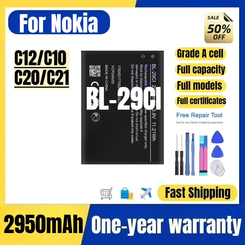 

BL-29CI for Nokia C12/C10/C20/C21 Phone Battery 0 Cycle High Quality High Capacity Replacement Bateria Grade A Cell with Tools